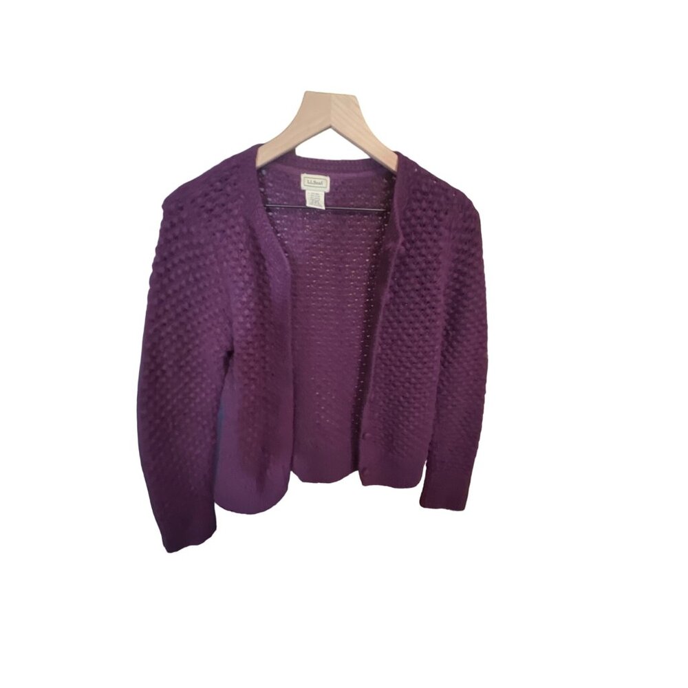 LL Bean Plum Purple Pom Pom Crochet Button Up Cardigan Wool Blend Sweater Sz Med